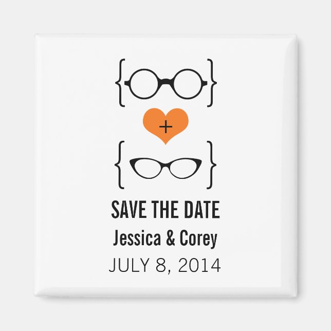 Orange Geeky Glasses Spara datum magneter (Framsidan)