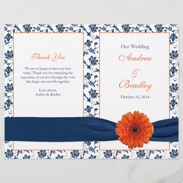 Orange Gerber Daisy Navy Damask Wedding Program (Framsida)