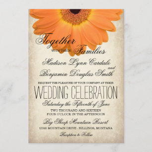 Orange Gerber Daisy Rustic Landsbyggsbröllop Inbju Inbjudningar