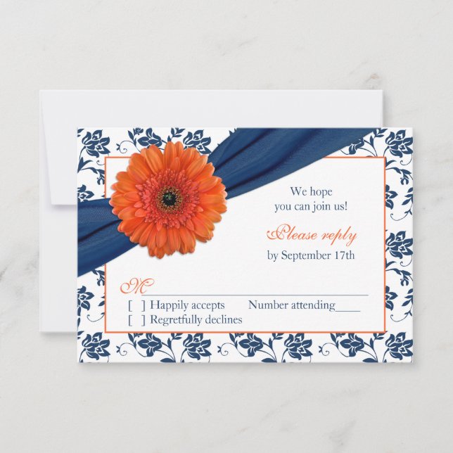 Orange Gerber Navy Blue Damask Blommigt Bröllop OS OSA Kort (Framsida)