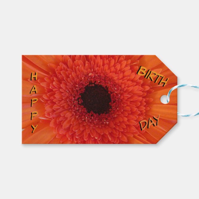 Orange Gerbera Close Up Grattis på födelsedagen Gi Presentetikett (Framsidan (Horisontell))