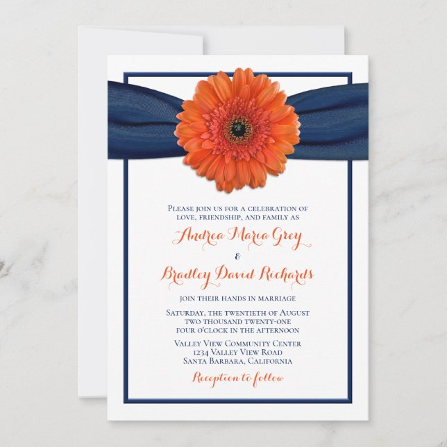Orange Gerbera Daisy Bröllop för marinkubationer Inbjudningar (Framsida)