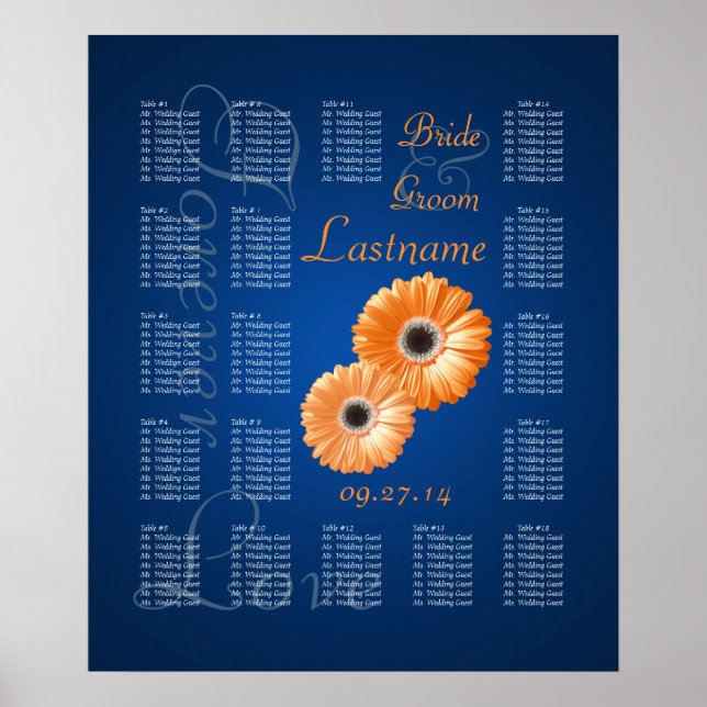 Orange Gerbera Daisy Bröllop Sittdiagram Poster (Framsidan)