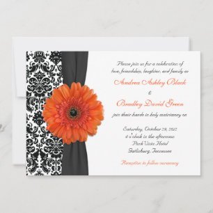 Orange Gerbera Daisy Damask bröllopsinbjudan Inbjudningar