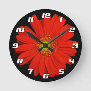 Orange Gerbera Daisy Flower on black with Numbers Rund Klocka