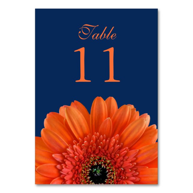 Orange Gerbera Daisy Navy Blue Bröllop Bordsnummer (Framsidan)