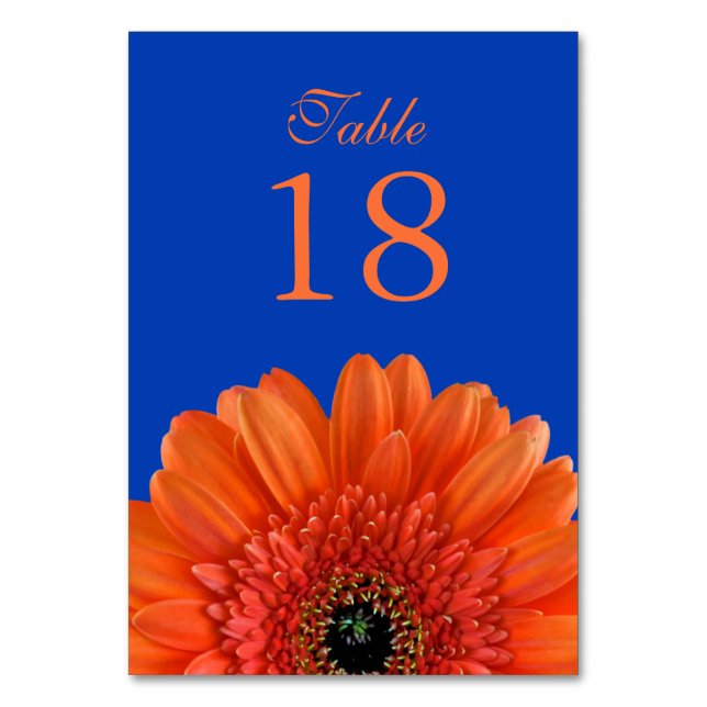 Orange Gerbera Daisy Royal Blue Bröllop Bordsnummer (Framsidan)