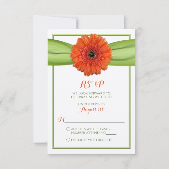 Orange Gerbera Tusensköna Grönt Bröllop Svarskort OSA Kort (Framsida)