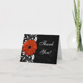 Orange Gerbera Tusensköna med Svart och Vit Scroll Tack Kort