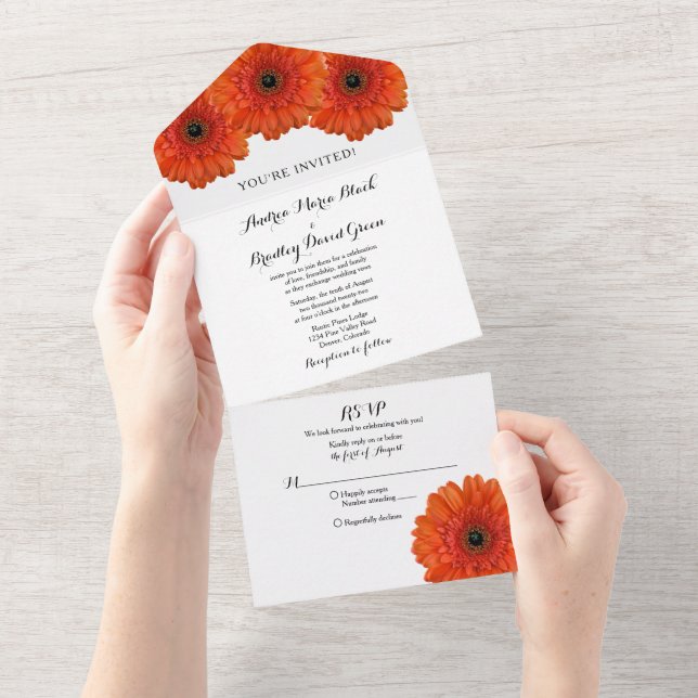 Orange Gerbera Tusenskönas Blommig Bröllops RSVP (Tearaway)