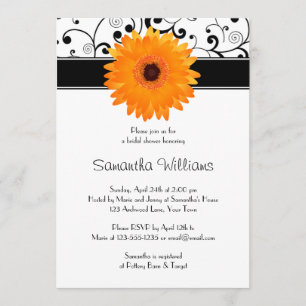 Orange Gerbera Tusenskönor Svart Scroll Bröllopsdu Inbjudningar