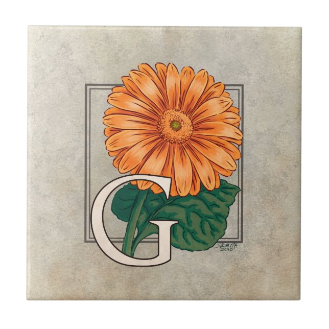 Orange Gerberas Blommigt Monogram Kakelplatta (Framsidan)