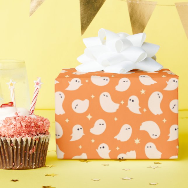 Orange Ghost Doodle Mönster Presentpapper (Födelsedagsfest)