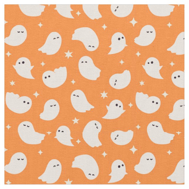 Orange Ghost Doodle Mönster Tyg (Närbild)