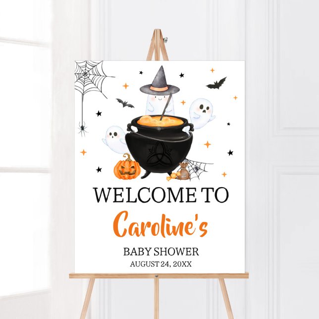 Orange Ghost Halloween Baby är välkommen Poster (Baby is Brewing Baby Shower Welcome Sign)
