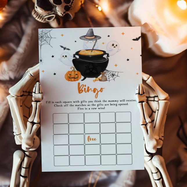 Orange Ghost Halloween Baby brinner i Bingo-spel (Baby is Brewing Baby Shower Bingo Game
)