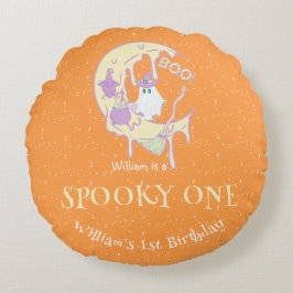 Orange Ghost Spooky One Boy Halloween Birthday Rund Kudde