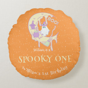 Orange Ghost Spooky One Boy Halloween Birthday Rund Kudde