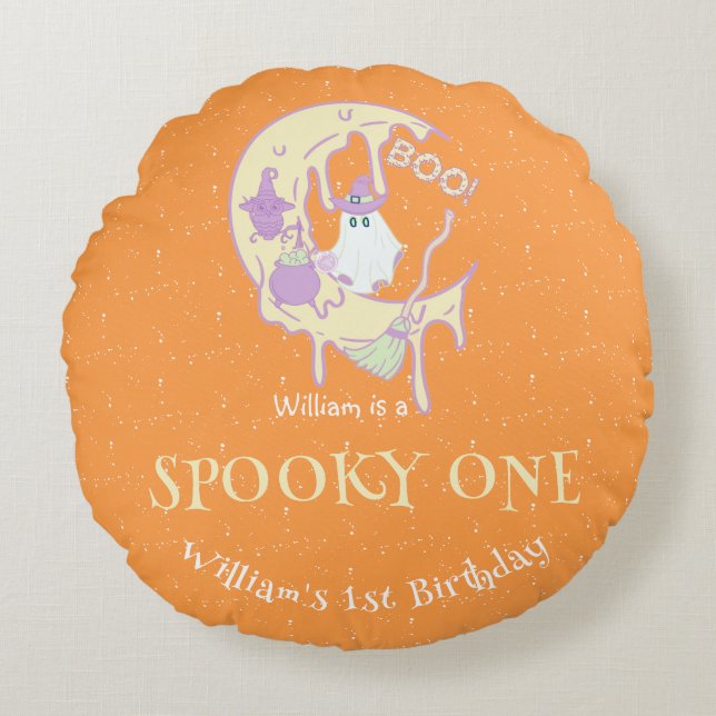 Orange Ghost Spooky One Boy Halloween Birthday Rund Kudde (Framsidan)