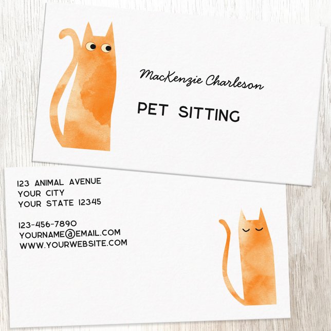 Orange Ginger Cat Pet Sitta Visitkort (Orange Ginger cat watercolor custom text pet feeding cat sitting business card)
