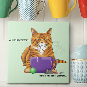 Orange Ginger Coffee Cat Funny Kakelplatta