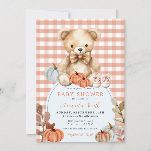 Orange Gingham Bear Pumpkin Shower Baby Shower Inbjudningar (Framsida)