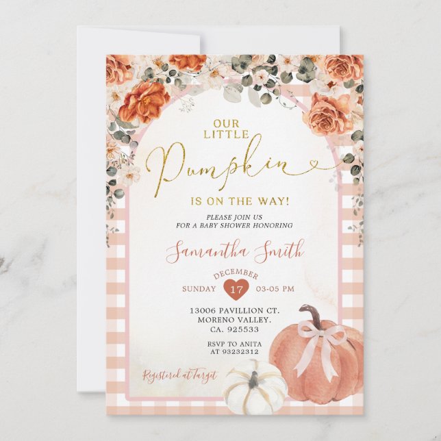 Orange Gingham Blommigt Pumpkin Autumn Baby Shower Inbjudningar (Framsida)