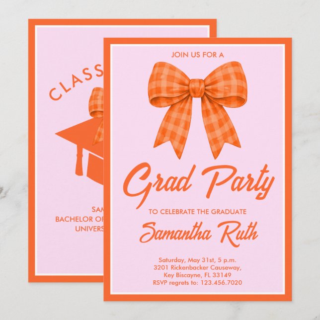 Orange Gingham Bow Graduation Party Inbjudningar (Fram/baksida)