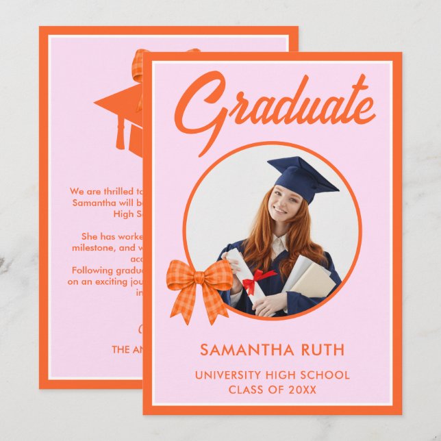 Orange Gingham Bow Photo Graduation Announcement Meddelande (Fram/baksida)