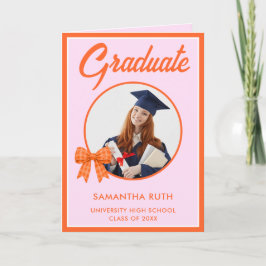 Orange Gingham Bow Photo Graduation  Kort
