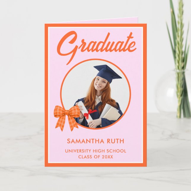 Orange Gingham Bow Photo Graduation  Kort (Framsida)