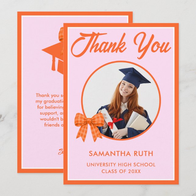 Orange Gingham Bow Photo Graduation Tack Kort (Fram/baksida)