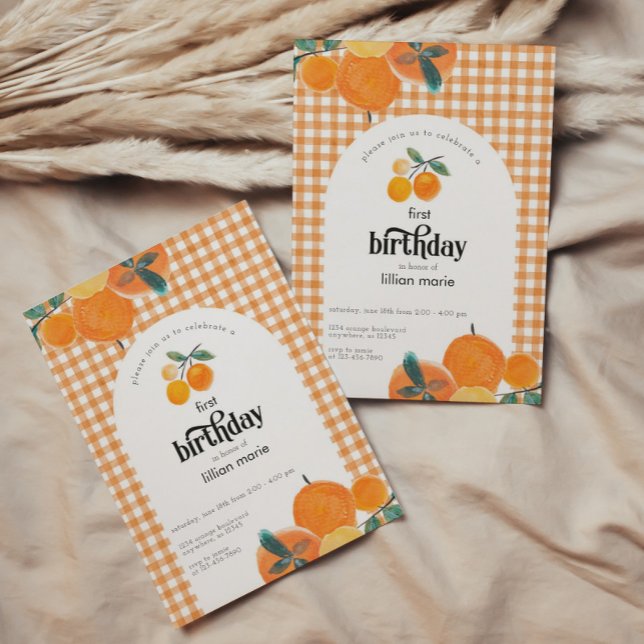 Orange Gingham Citrus Birthday-inbjudan Inbjudningar (Skapare uppladdad)
