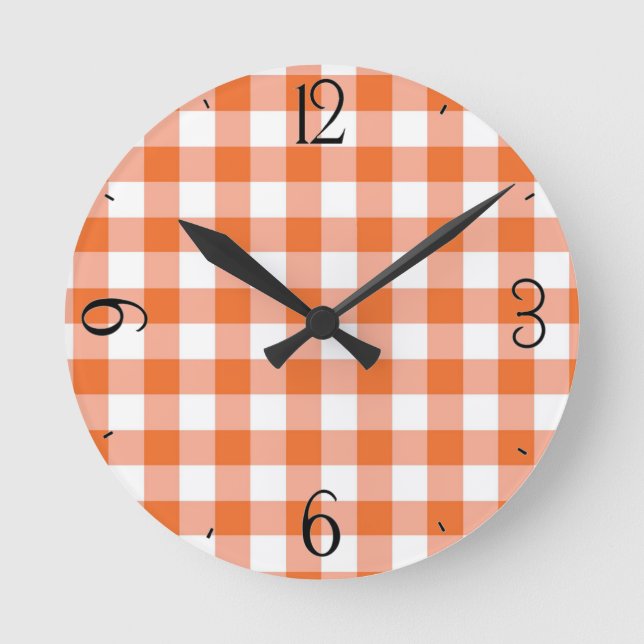Orange Gingham Clock Rund Klocka (Framsida)