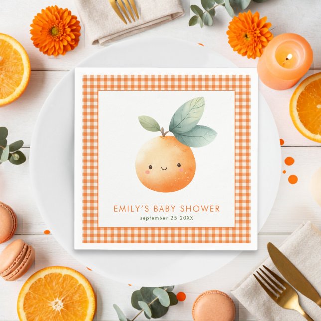 Orange Gingham Flicka Liten Söt Baby Shower  Pappersservett (Skapare uppladdad)