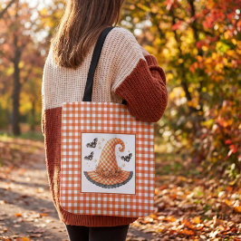 Orange Gingham Halloween Häxa Hatt & Fladdermöss Tygkasse