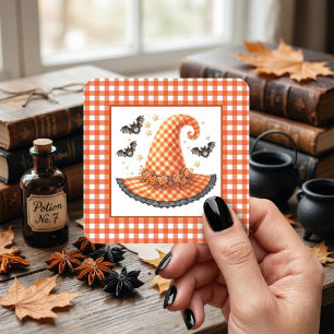 Orange Gingham Halloween Häxa Hatt & Fladdermössor Fyrkantigt Klistermärke