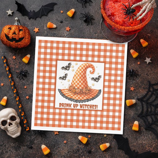 Orange Gingham Halloween Häxa Hatt & Fladdermössor Pappersservett (Skapare uppladdad)