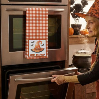 Orange Gingham Halloween Häxa Hatt och Fladdermöss Kökshandduk
