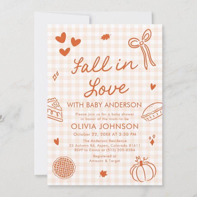 Orange Gingham Hand Drawn Fall in Love Baby Shower Inbjudningar (Framsida)