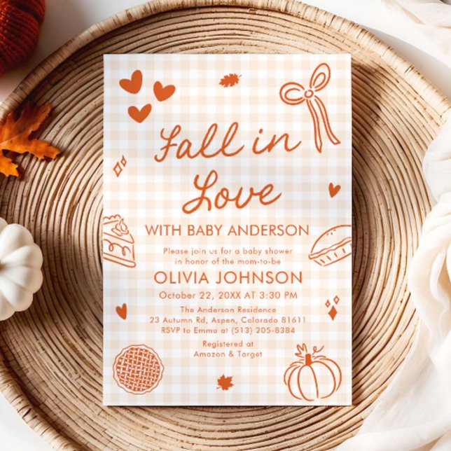 Orange Gingham Handritad Förälskad i Höst Bebis Sh Inbjudningar (Orange Gingham Hand Drawn Fall in Love Baby Shower Invitation)