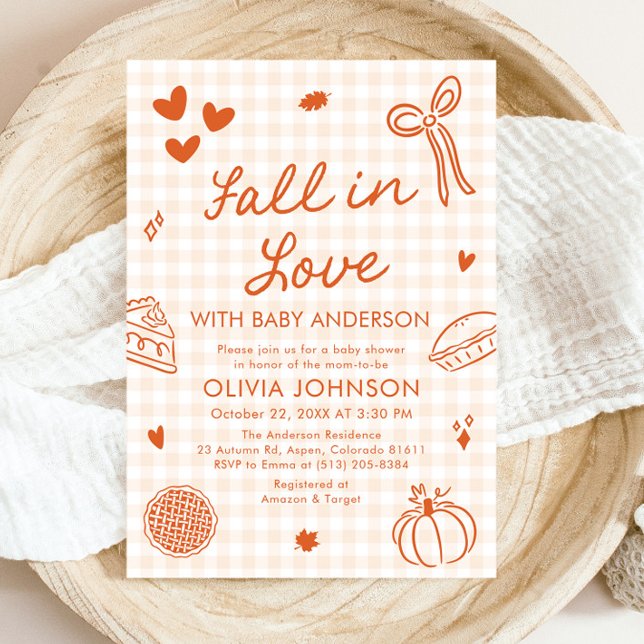 Orange Gingham Handritad Höst i Kärlek Baby Shower Inbjudningar (Orange Gingham Hand Drawn Fall in Love Baby Shower Invitation)
