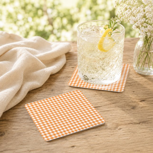 Orange Gingham Höst Pumpadrinksstation Underlägg Papper Kvadrat (Skapare uppladdad)