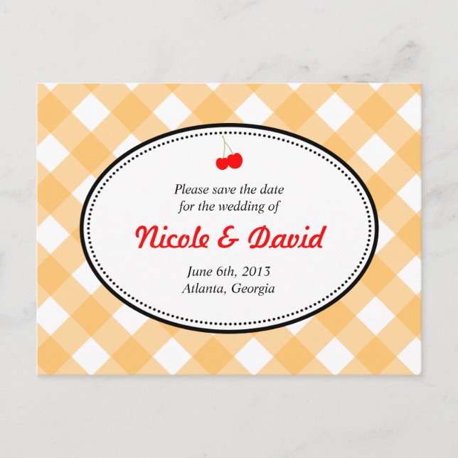 Orange gingham land rustic cherry save date meddelande vykort (Framsida)