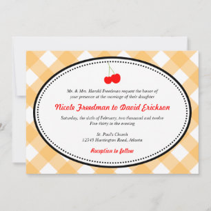 Orange gingham land rustice red cherry bröllop inbjudningar