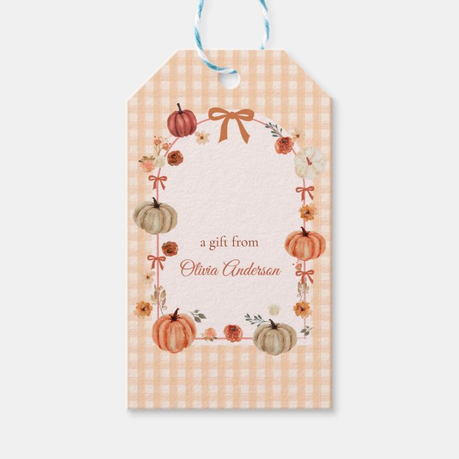 Orange Gingham Pumpa Blomsterbåge Presentetikett (Framsidan)