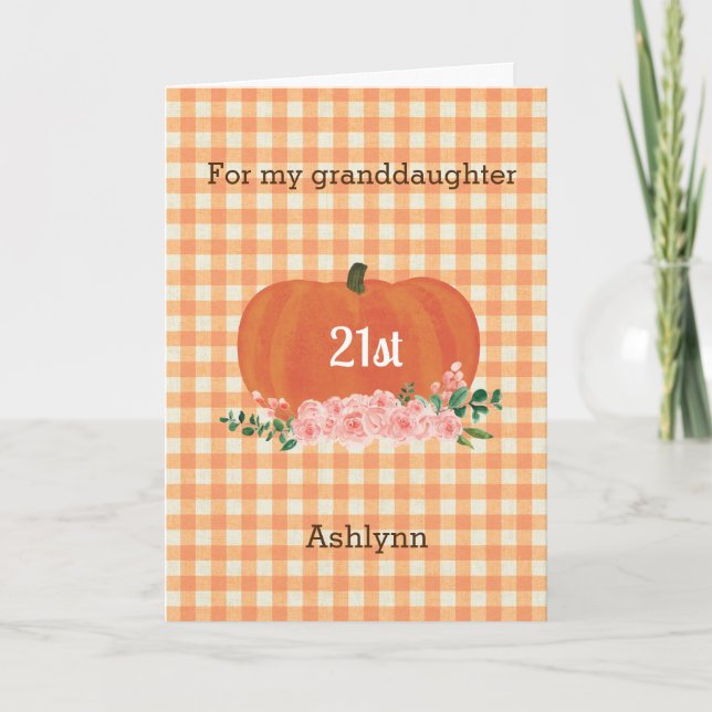 Orange Gingham Pumpa Höst Födelsedag Barnbarn Kort (Framsida)