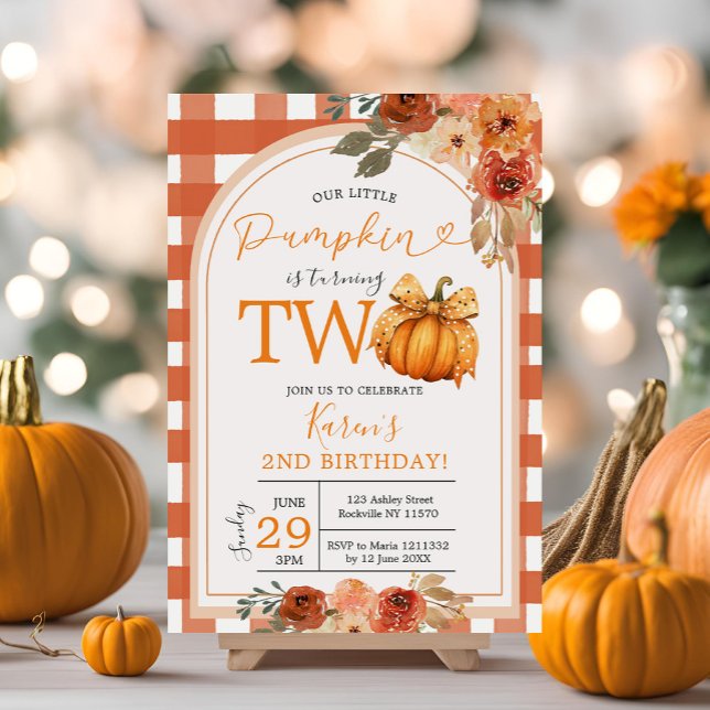 Orange Gingham Pumpkin 2:a födelsedag Fall Inbjudningar (Skapare uppladdad)