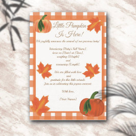 Orange Gingham Pumpkin Birth Notice Inbjudningar