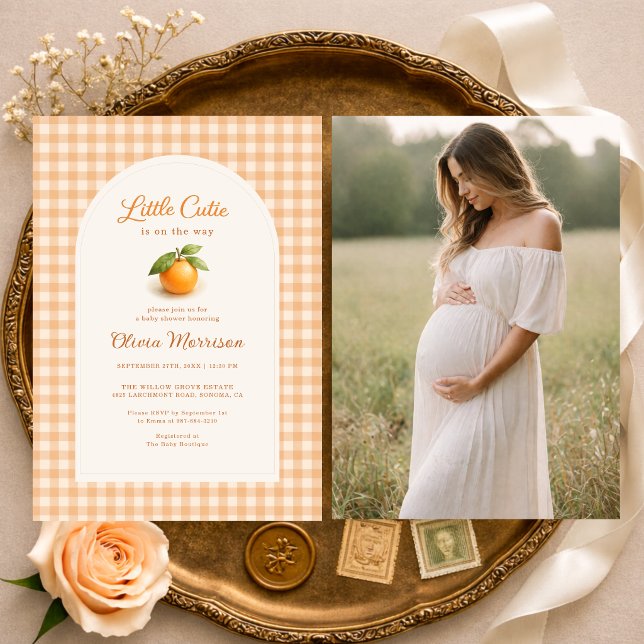 Orange Gingham Söta Lilla Babykalas Inbjudningar (Skapare uppladdad)